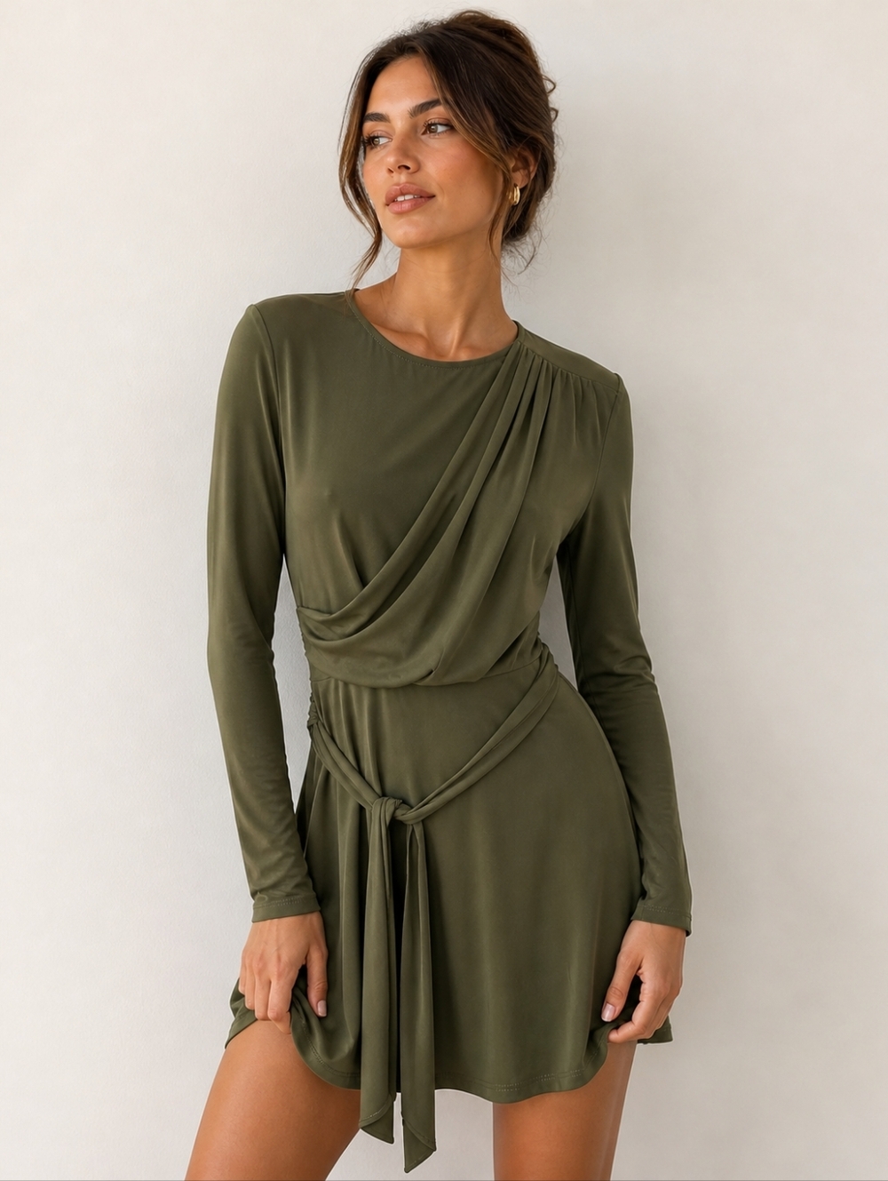 Topshop Olive Green Wrap Dress Long Sleeve Tie Waist Mini Size US 2 / UK 6
